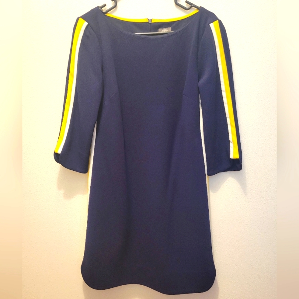 Vince Camuto Navy Sheath Dress with Lateral Yellow and White Stripe Details,Sz10